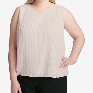 Calvin Klein Pleated Bubble Top Sleeveless Khaki